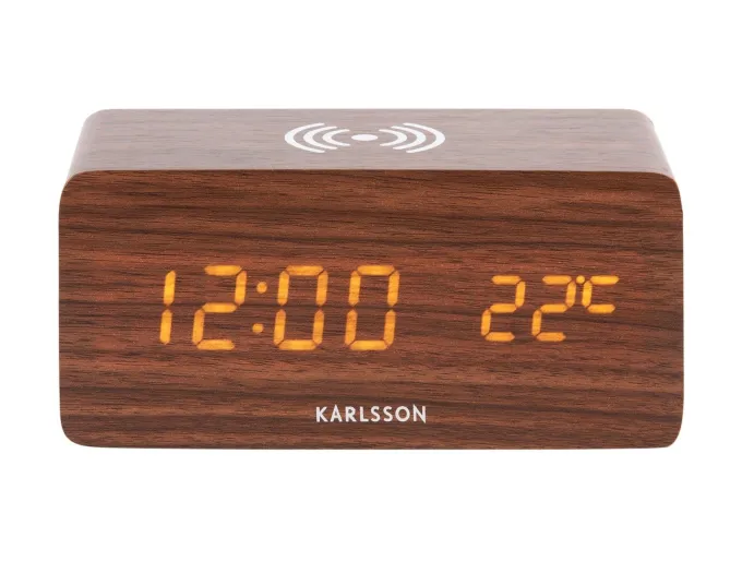 Karlsson Wekker Block met telefoonoplader LED donkerbruin