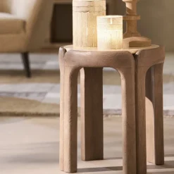 Light en Living Bijzettafel Ø45x50 cm ALI hout grijs-d bruin+travertin zand