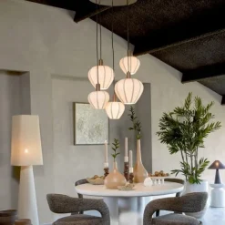 Light en Living Hanglamp 5L Ø76x140 cm HUXI houtprint donkerbruin + linnen crème