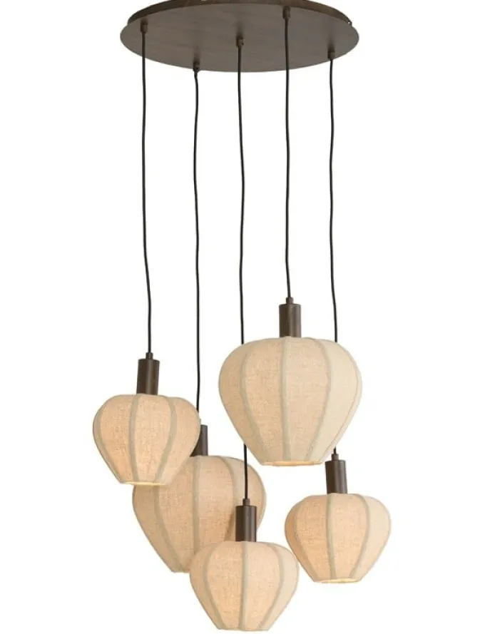 Light en Living Hanglamp 5L Ø76x140 cm HUXI houtprint donkerbruin + linnen crème