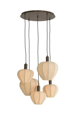 Light en Living Hanglamp 5L Ø76x140 cm HUXI houtprint donkerbruin + linnen crème