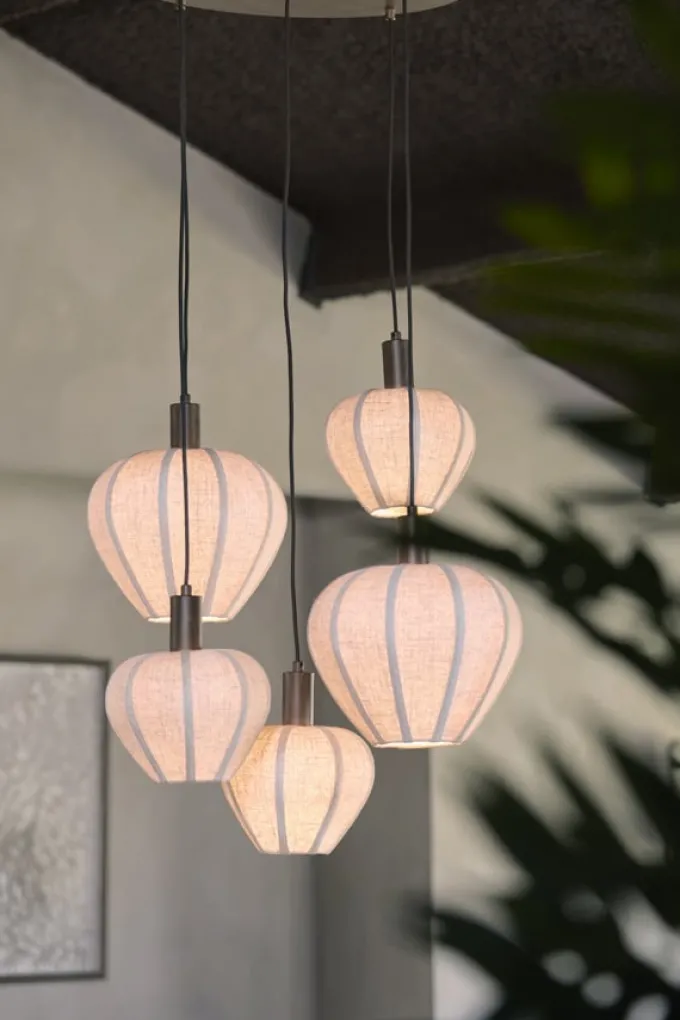 Light en Living Hanglamp 5L Ø76x140 cm HUXI houtprint donkerbruin + linnen crème
