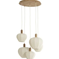 Light en Living Hanglamp 5L Ø76x140 cm HUXI naturel houtprint + linnen crème