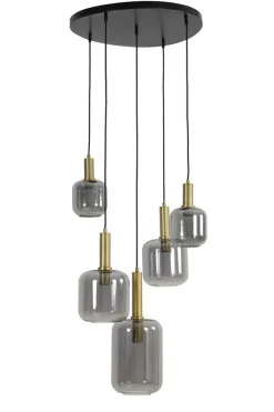Light en Living Hanglamp 5L Ø66x80 cm LEKAR antiek brons met smoke glas