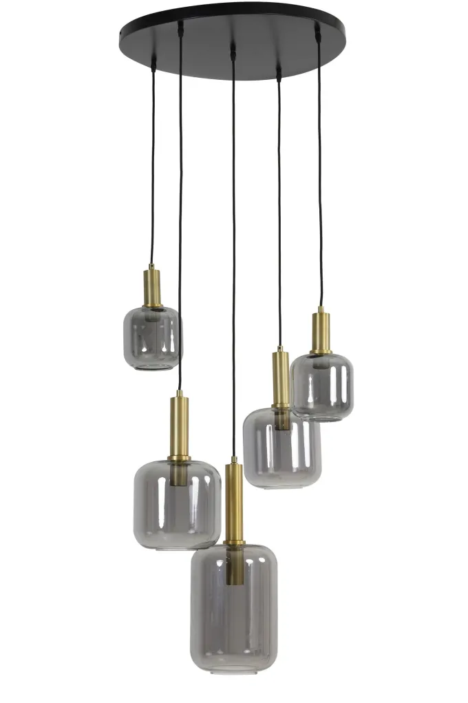 Light en Living Hanglamp 5L Ø66x80 cm LEKAR antiek brons met smoke glas