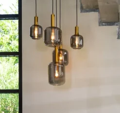 Light en Living Hanglamp 5L Ø66x80 cm LEKAR antiek brons met smoke glas