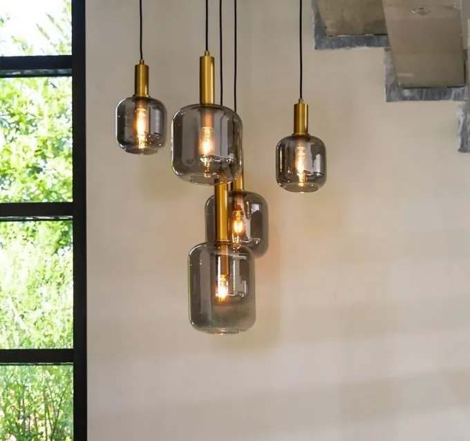 Light en Living Hanglamp 5L Ø66x80 cm LEKAR antiek brons met smoke glas