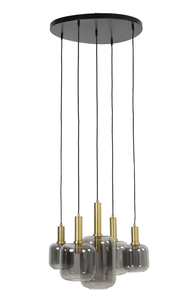 Light en Living Hanglamp 5L Ø66x80 cm LEKAR antiek brons met smoke glas