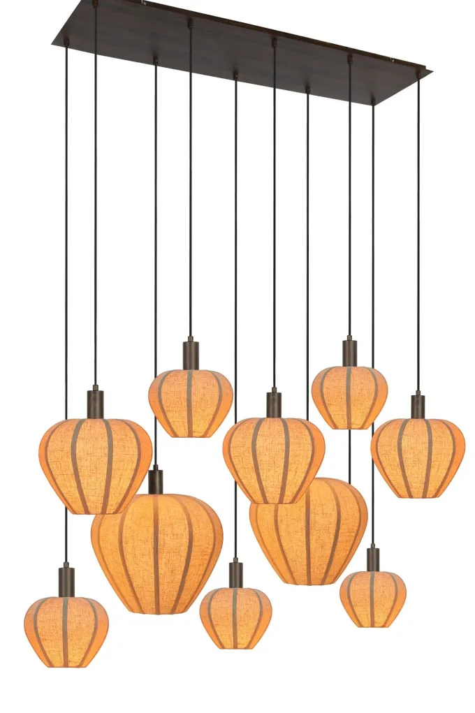 Light en Living Hanglamp 10L 144x49x200 cm HUXI Donkerbruin houtprint + linnen crème
