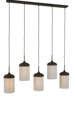 Light en Living Hanglamp 5L 117x10x27 cm DANIA houtprint donkerbruin+touw crème