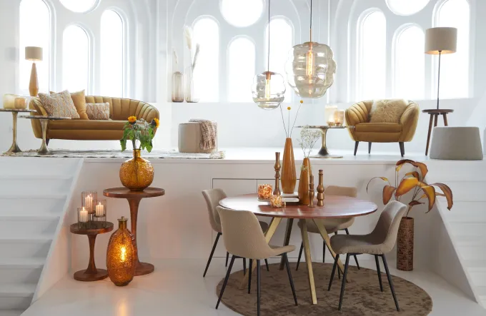 Light en Living Hanglamp MISTY goud+glas amber goud - 2 maten