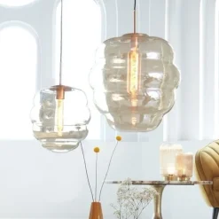 Light en Living Hanglamp MISTY goud+glas amber goud - 2 maten