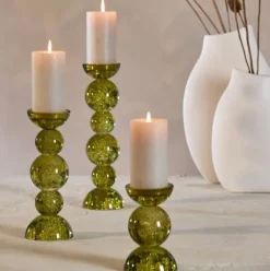 Light en Living Light & Living Kaarsenhouder ITINGA - Glas met Bubbelstructuur - Olijfgroen - Ø10x26,5 cm