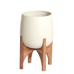 Light en Living Pot deco op voet Ø36x50 cm KARUNA hout+mat crème