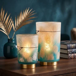 Light en Living Tafellamp LED PEACOCK glas turquoise en goud - 2 maten