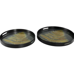 PTMD Dienblad Gila zwart glas met goud blad set van 2