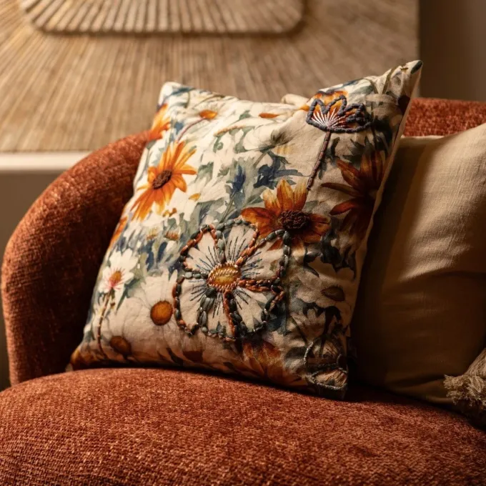 PTMD Kussen Helenor Naturel vierkant met bloemen