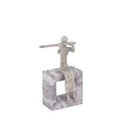 PTMD Ornament Aleria Beige dame met fluit op marmeren voetstuk