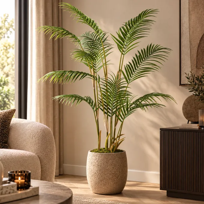 PTMD Palmboom groen in zwarte plastic pot - 148 cm hoog