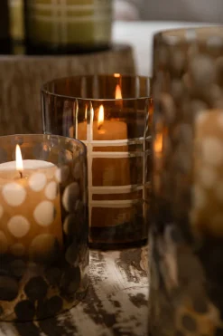 PTMD Theelicht Divit Donkerbruin glas met strepen S