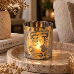 PTMD Theelicht Tigg Goud tijger patroon - 9.0 x 9.0 x 10.0 cm