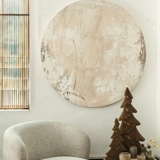 PTMD Wandpaneel Moti Creme canvas structuur rond S