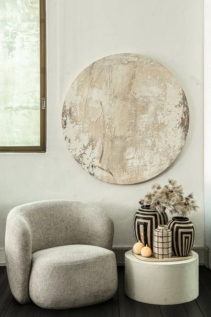 PTMD Wandpaneel Moti Creme canvas structuur rond S