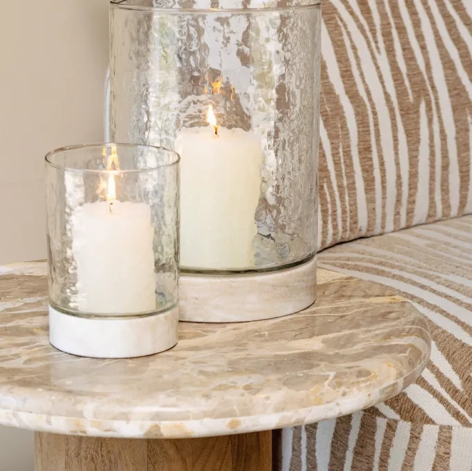 PTMD Windlicht Keylan marmeren voet met glas S laag