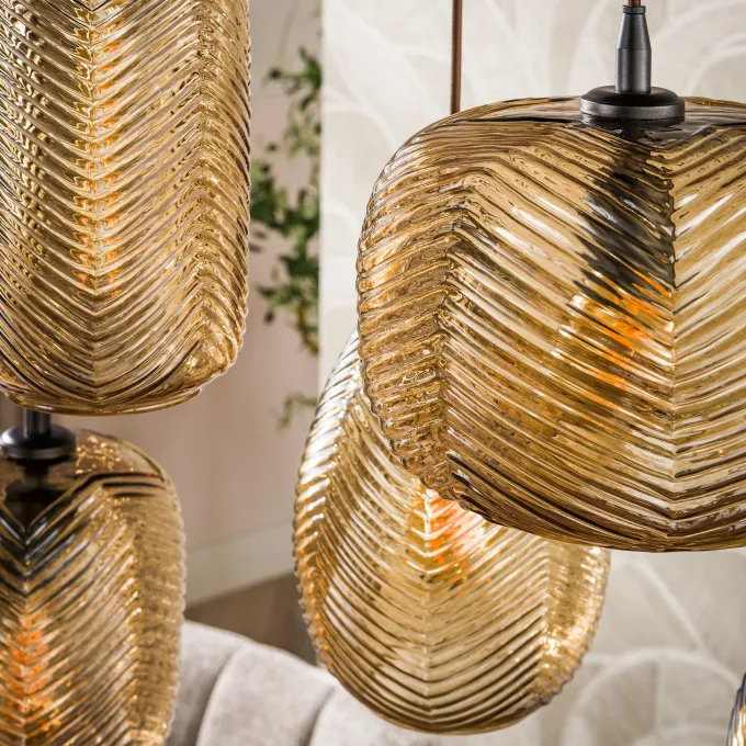 WoonStijl Hanglamp Chevron 4+3-lichts Smoke bruin glas