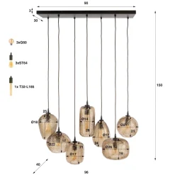 WoonStijl Hanglamp Chevron 4+3-lichts Smoke bruin glas