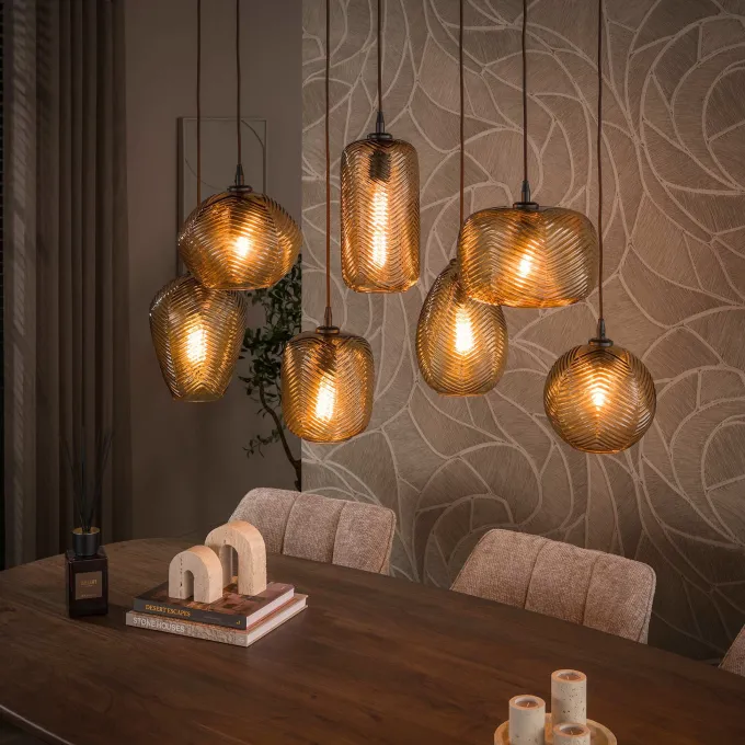 WoonStijl Hanglamp Chevron 4+3-lichts Smoke bruin glas
