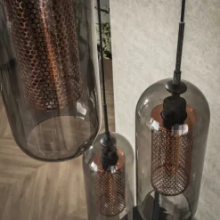 WoonStijl Hanglamp 3L getrapt smoke glas-geperforeerd staal