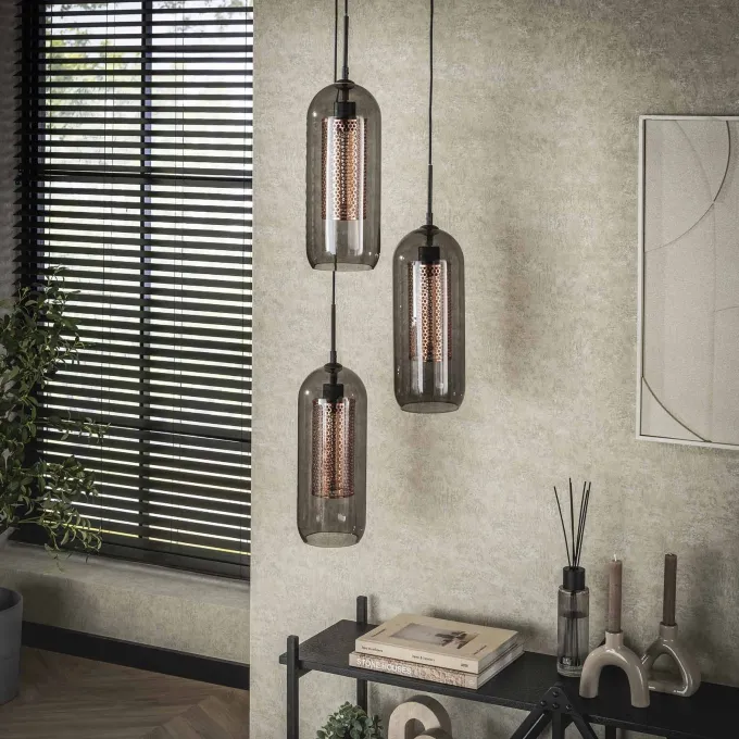 WoonStijl Hanglamp 3L getrapt smoke glas-geperforeerd staal