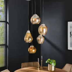 WoonStijl Hanglamp 5L getrapt mix amberkleurig glas
