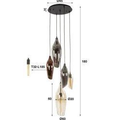 WoonStijl Hanglamp 5L getrapt cocoon mix glass