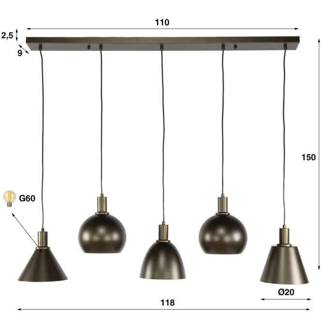 WoonStijl Hanglamp 5L Metallo mix Sienna bruin