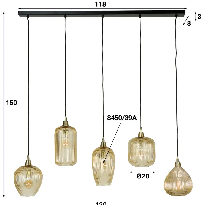 WoonStijl Hanglamp 5L stripe glass mix