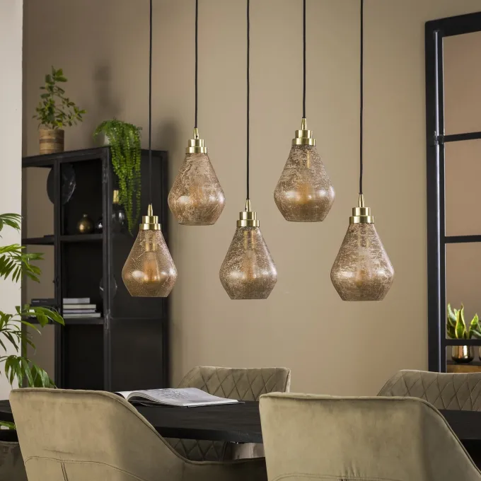 WoonStijl Hanglamp 5L vintage brown glass