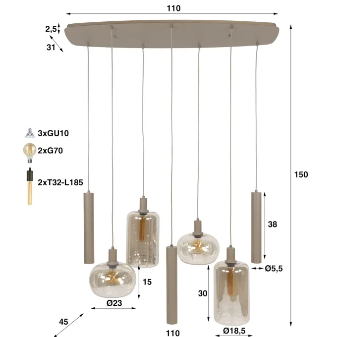 WoonStijl Hanglamp Serene 4+3-lichts Beige