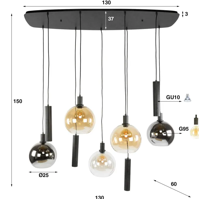 WoonStijl Hanglamp Sfera Tricolore 5+4-lichts