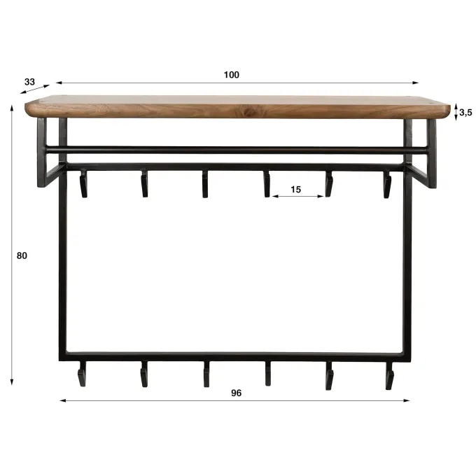 WoonStijl Kapstok Edge Curve hoog 12 haken acacia bruin