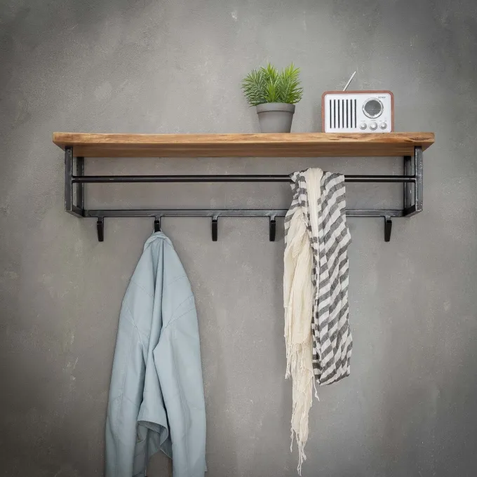 WoonStijl Kapstok edge 6 haken hoedenplank / Massief acacia naturel