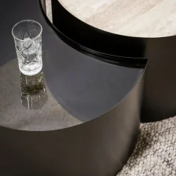 WoonStijl Salontafel Metal half moon set van 2 keramiek travertin