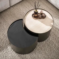 WoonStijl Salontafel Metal half moon set van 2 keramiek travertin