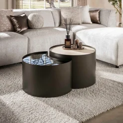 WoonStijl Salontafel Metal half moon set van 2 keramiek travertin