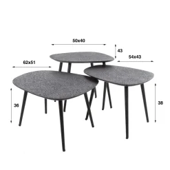 WoonStijl Salontafel set van 3 vierhoekig metallic zwart grijs