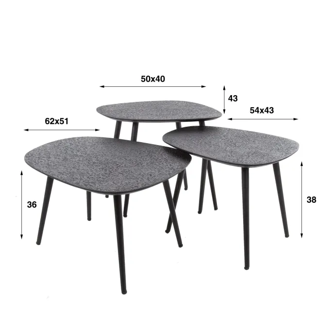 WoonStijl Salontafel set van 3 vierhoekig metallic zwart grijs