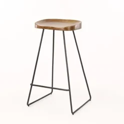 WoonStijl Vintage Barstoel met Acaciahouten Zitting en Zwart Metalen Frame