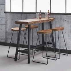 WoonStijl Vintage Barstoel met Acaciahouten Zitting en Zwart Metalen Frame