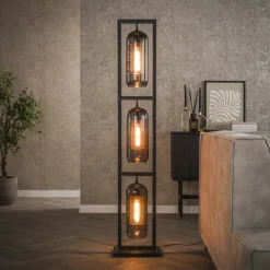 WoonStijl Vloerlamp 3L tower smoke glas-geperforeerd staal